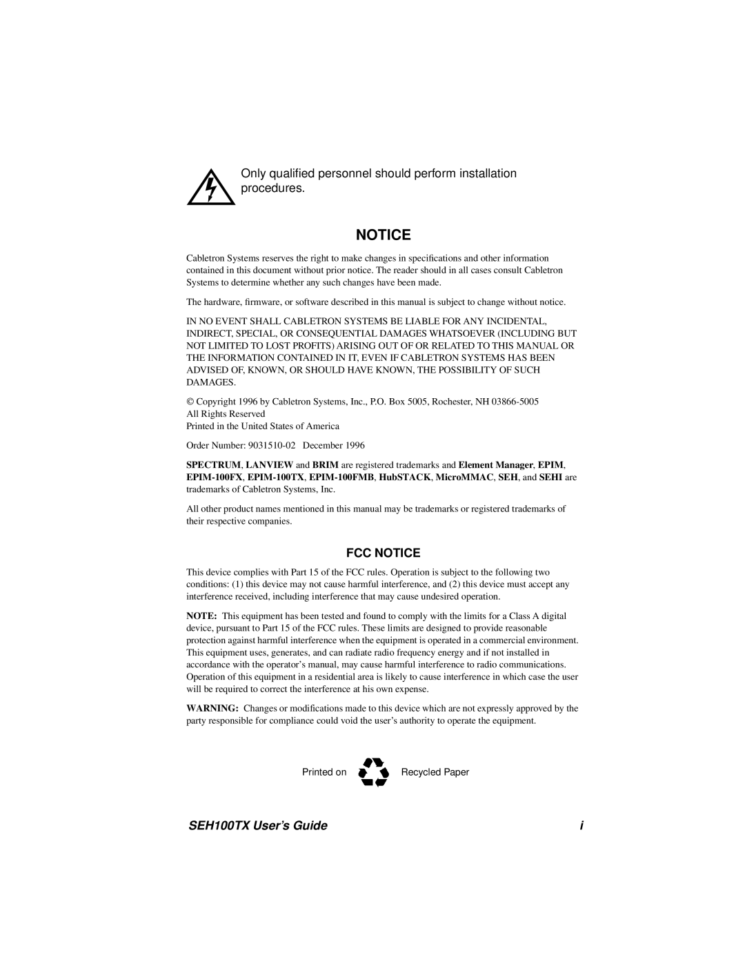 Cabletron Systems SEH100TX-22 manual SEH100TX User’s Guide 