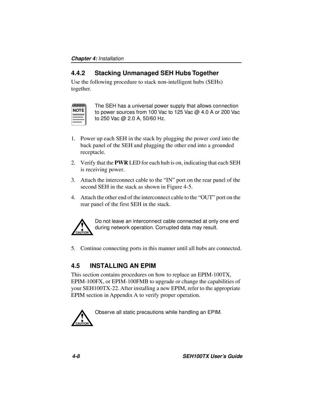 Cabletron Systems SEH100TX-22 manual Stacking Unmanaged SEH Hubs Together, Installing AN Epim 