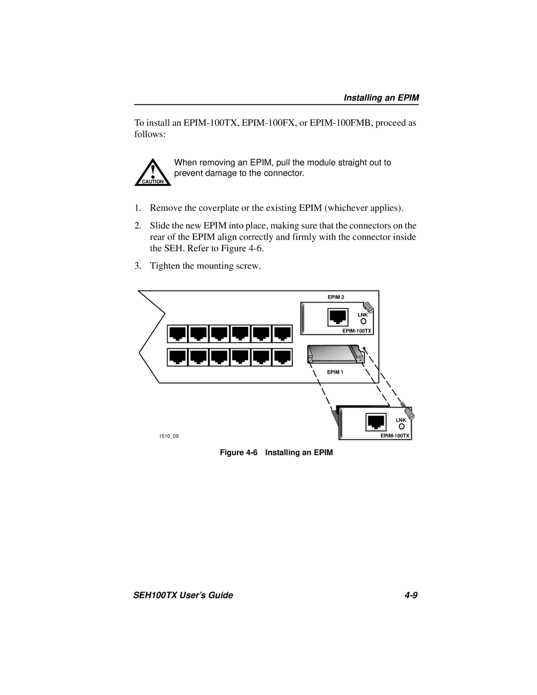 Cabletron Systems SEH100TX-22 manual Installing an Epim 