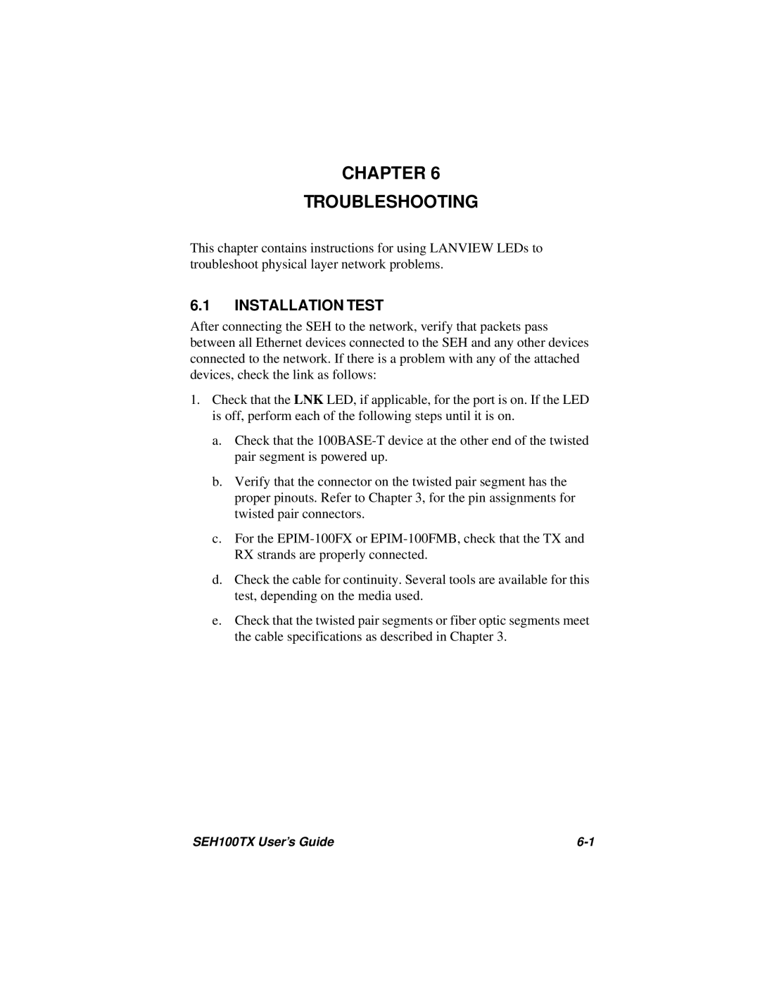 Cabletron Systems SEH100TX-22 manual Chapter Troubleshooting, Installation Test 