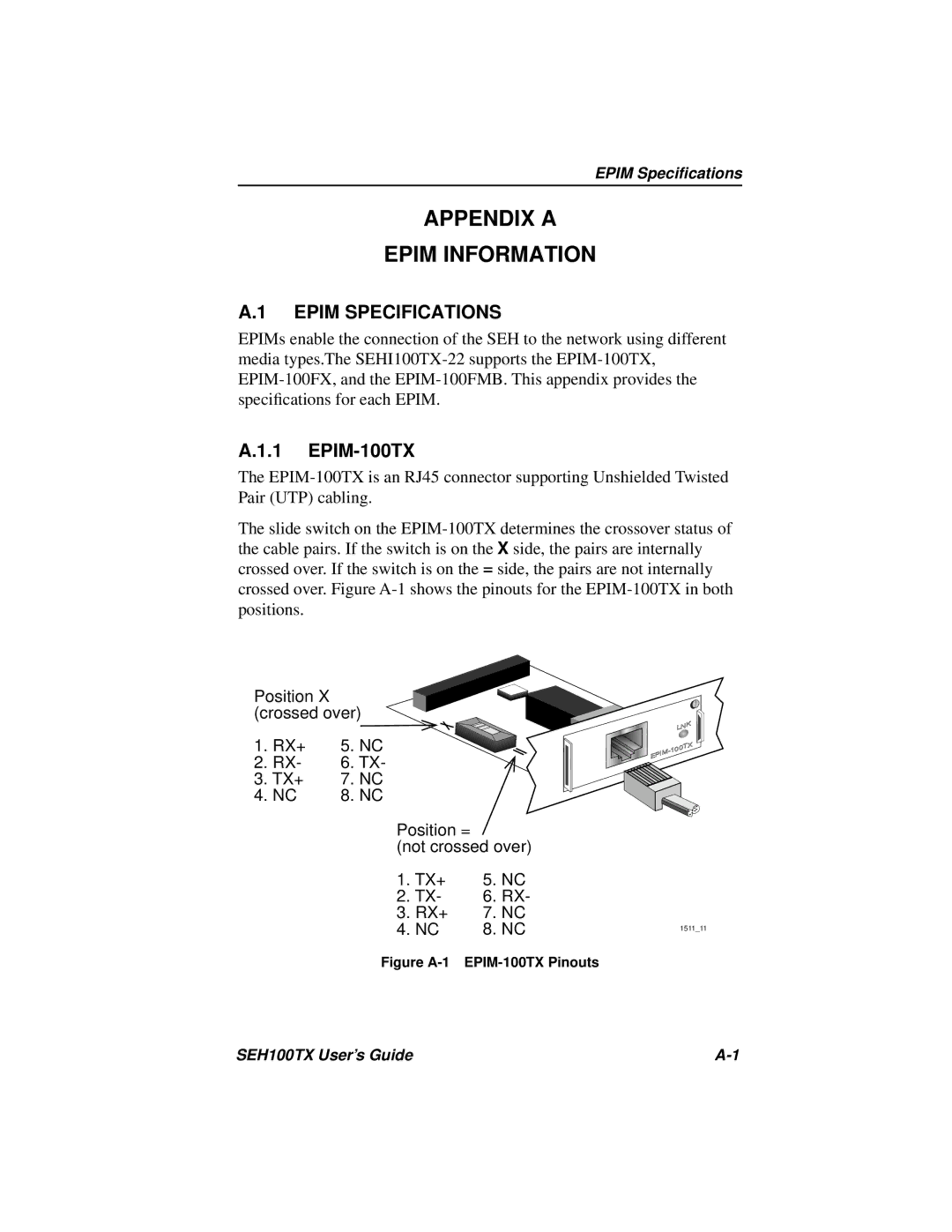 Cabletron Systems SEH100TX-22 manual Appendix a Epim Information, Epim Specifications, EPIM-100TX 