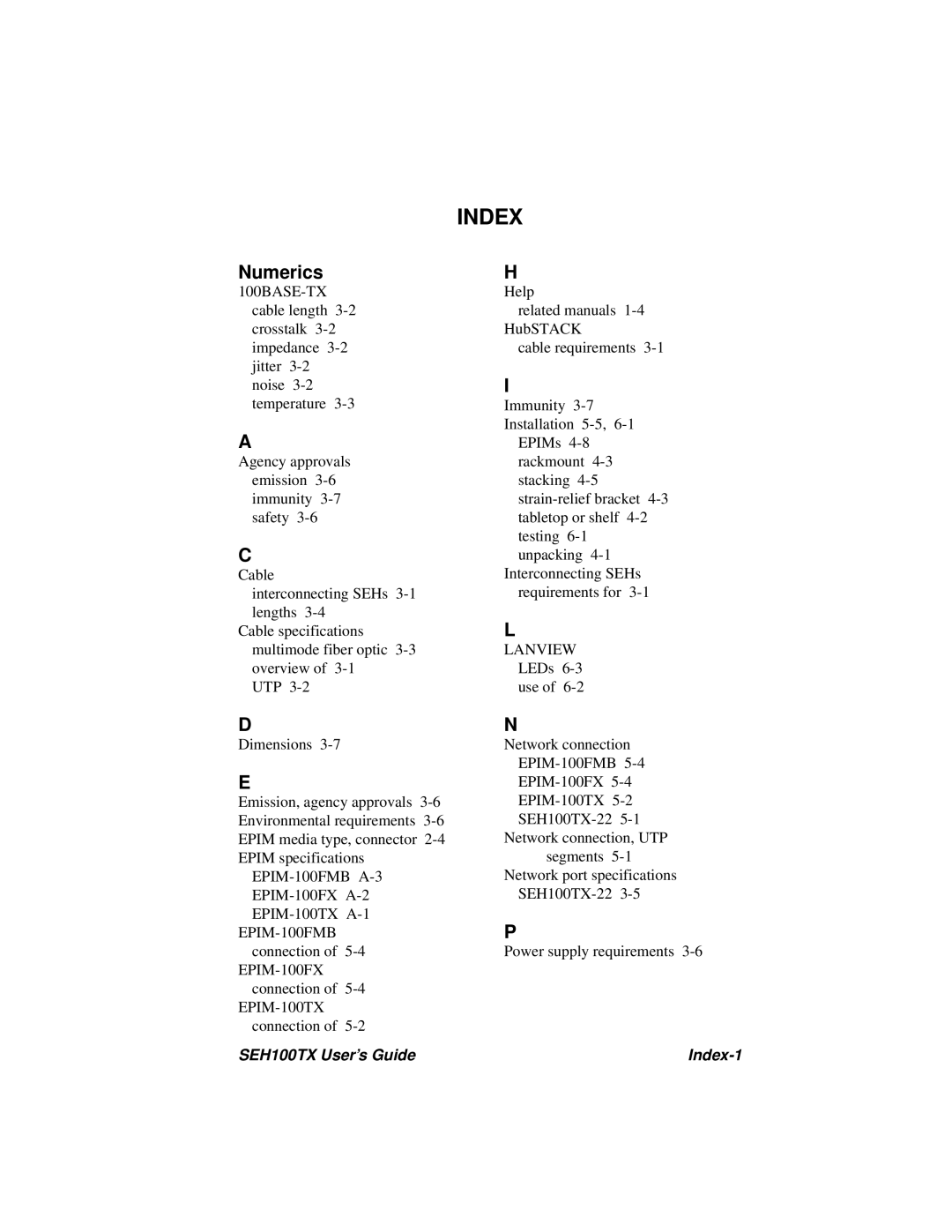 Cabletron Systems SEH100TX-22 manual Index, Numerics 