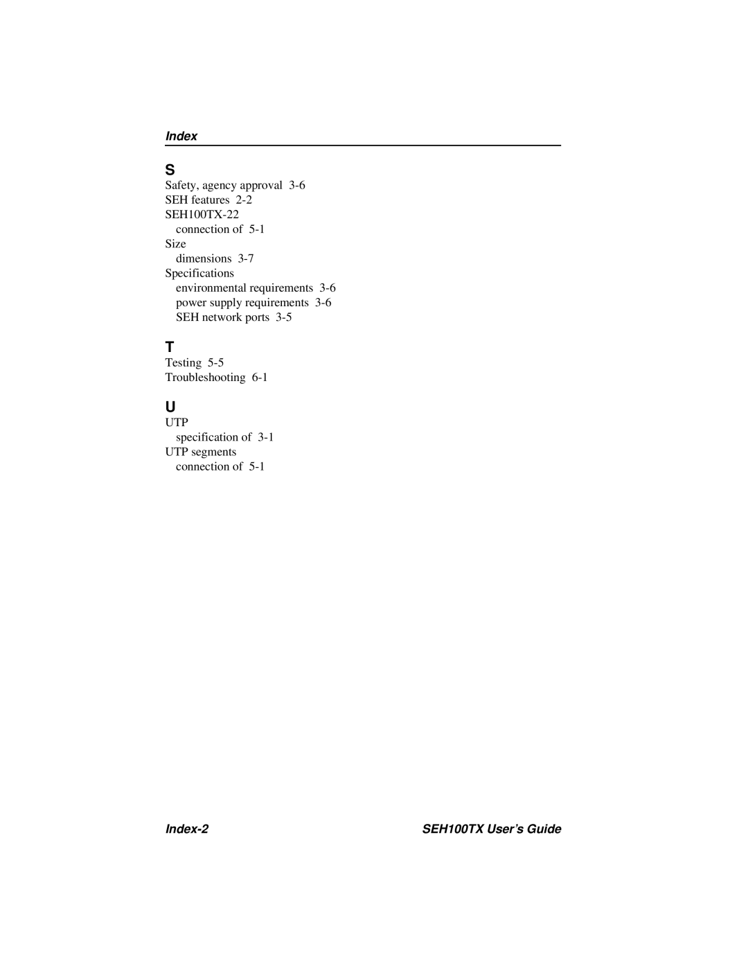 Cabletron Systems SEH100TX-22 manual Index-2 SEH100TX User’s Guide 