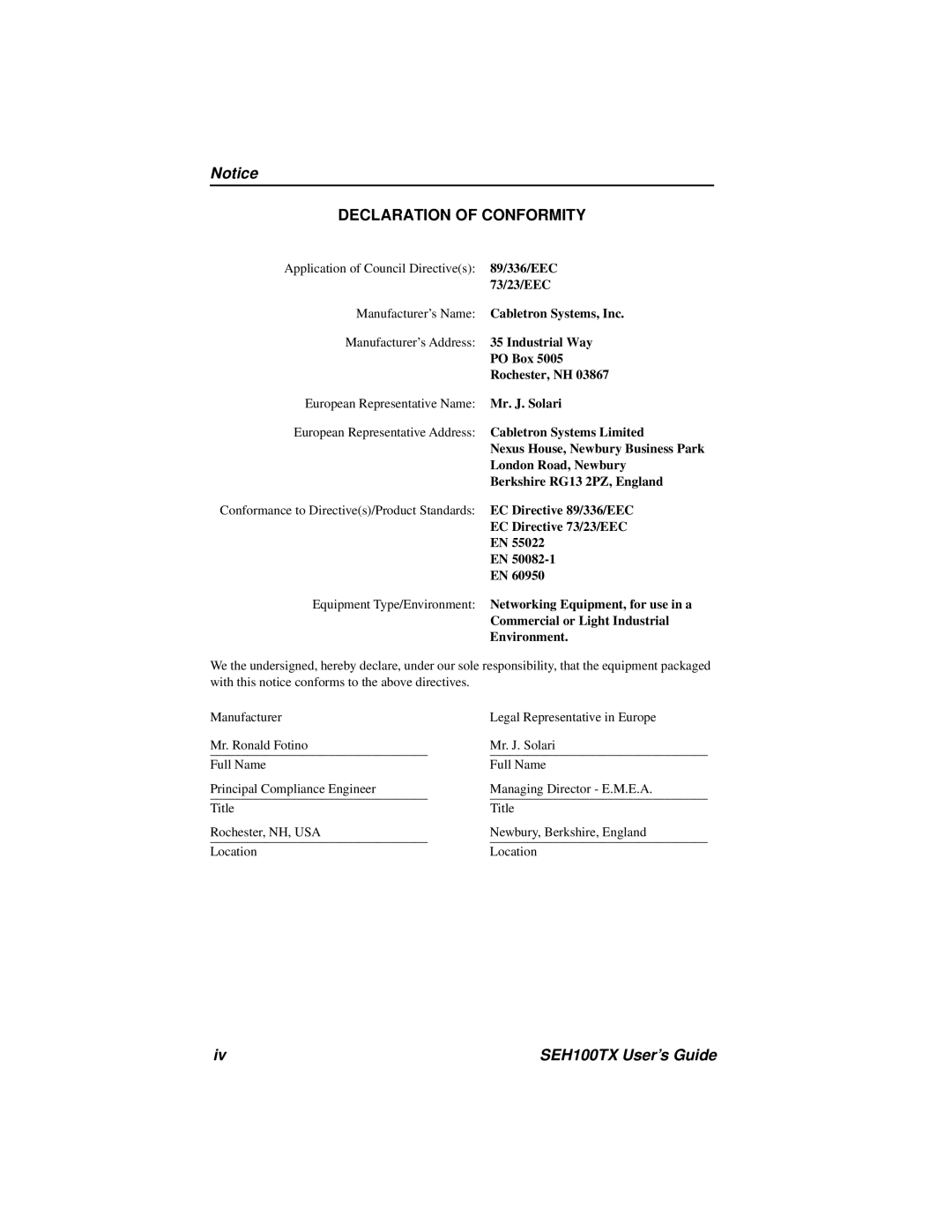 Cabletron Systems SEH100TX-22 manual Declaration of Conformity 