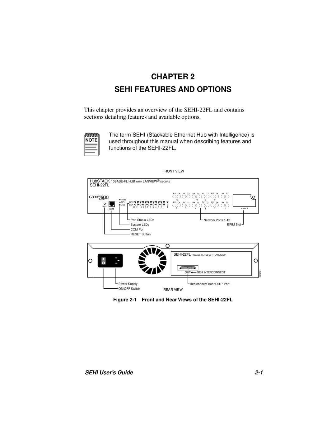 Cabletron Systems manual Chapter Sehi Features And Options, SEHI User’s Guide, 1 Front and Rear Views of the SEHI-22FL 