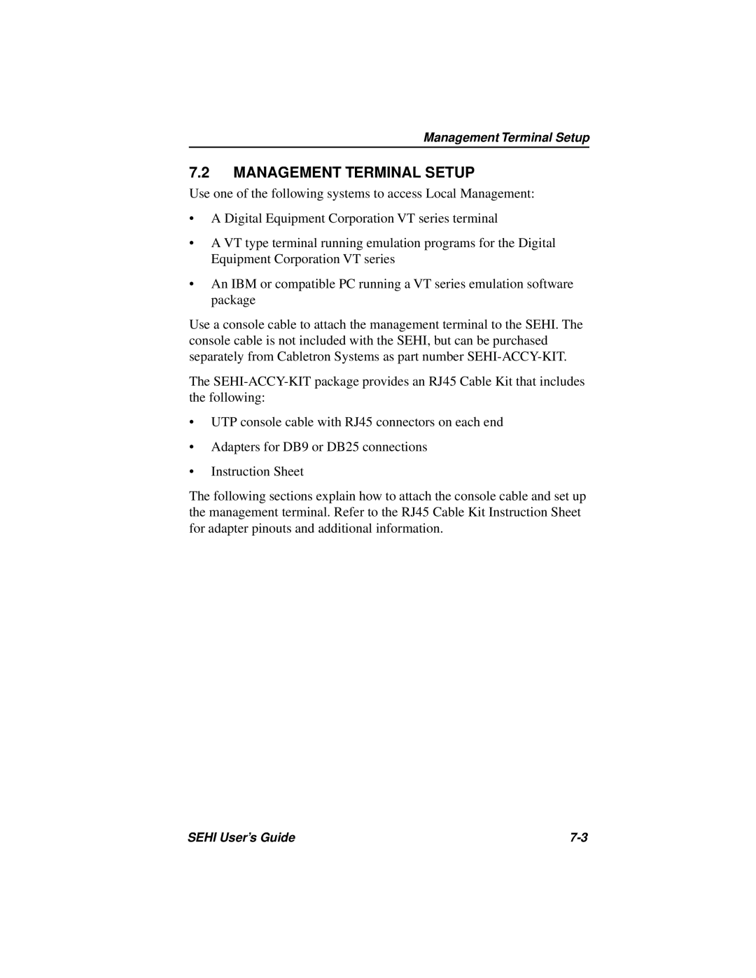 Cabletron Systems SEHI-22FL manual Management Terminal Setup 
