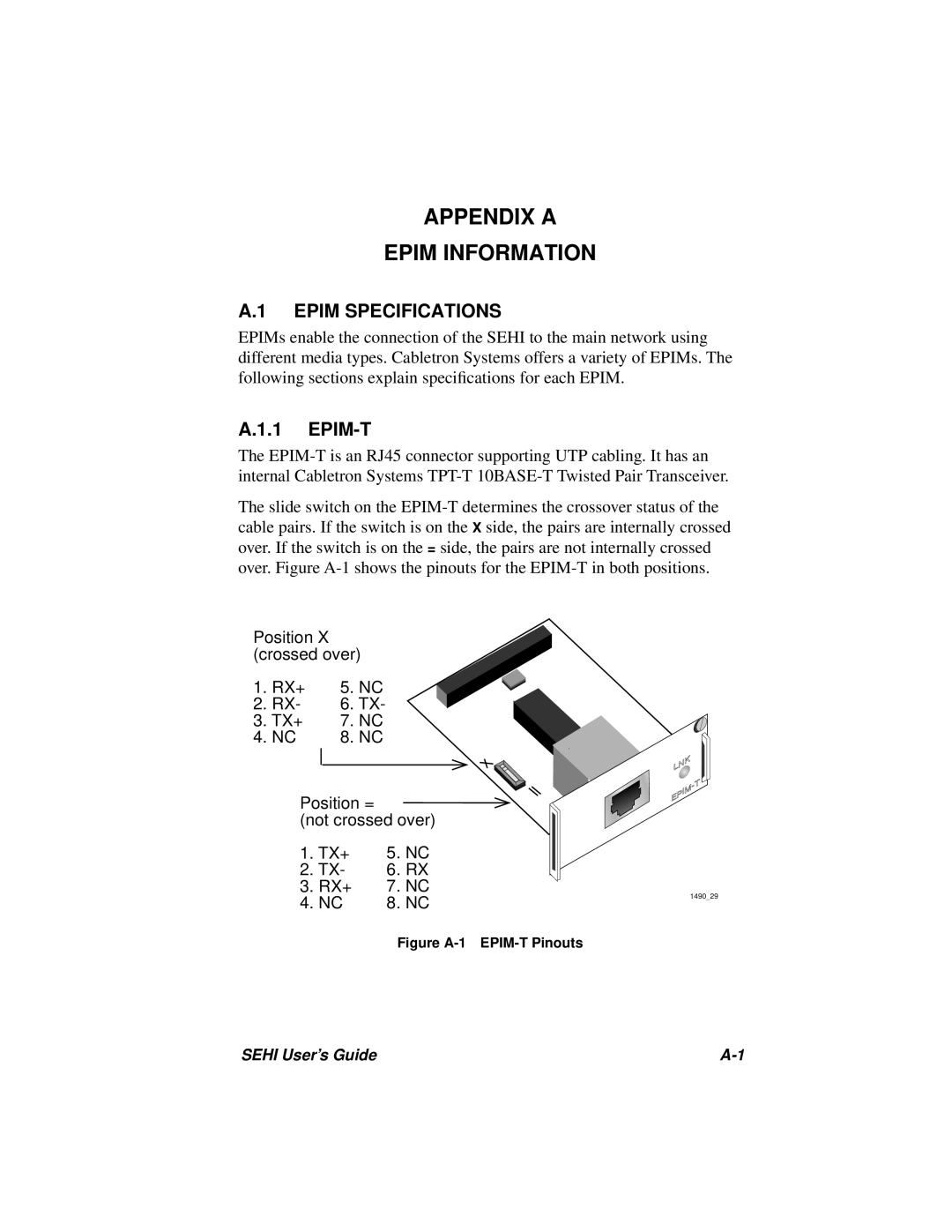 Cabletron Systems SEHI-22FL manual Appendix A Epim Information, A.1 EPIM SPECIFICATIONS, A.1.1 EPIM-T 