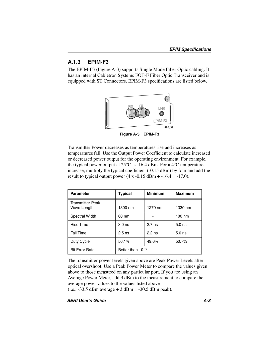 Cabletron Systems SEHI-22FL manual A.1.3 EPIM-F3 
