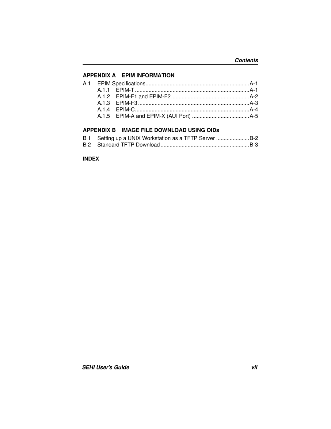 Cabletron Systems SEHI-22FL manual Contents, Appendix A, Epim Information, APPENDIX B IMAGE FILE DOWNLOAD USING OIDs, Index 