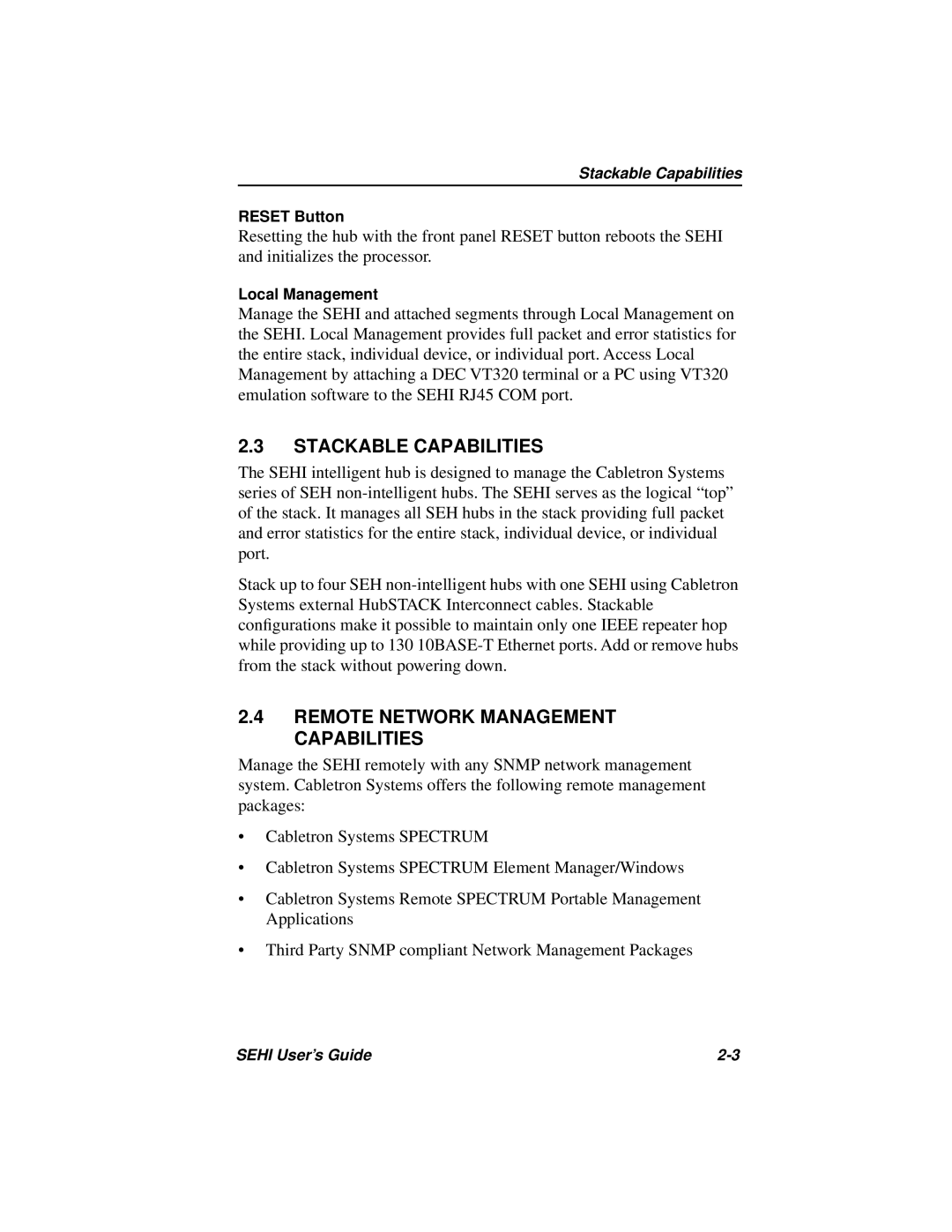 Cabletron Systems SEHI-22FL manual Stackable Capabilities, Remote Network Management Capabilities 