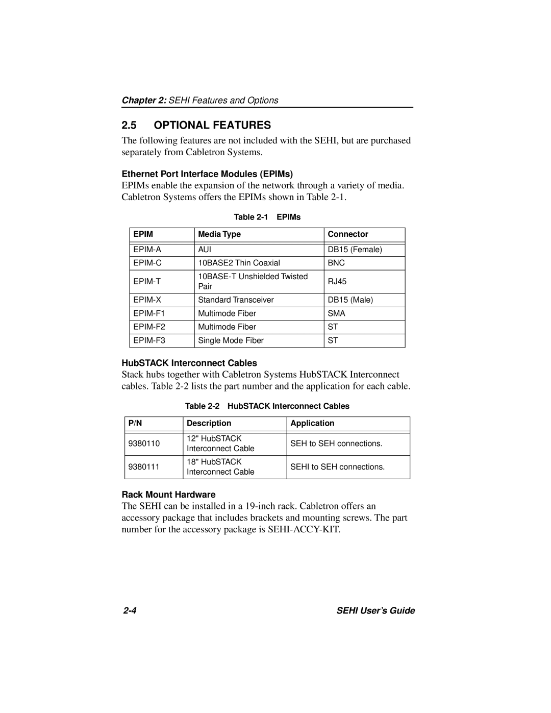 Cabletron Systems SEHI-22FL manual Optional Features, Epim 