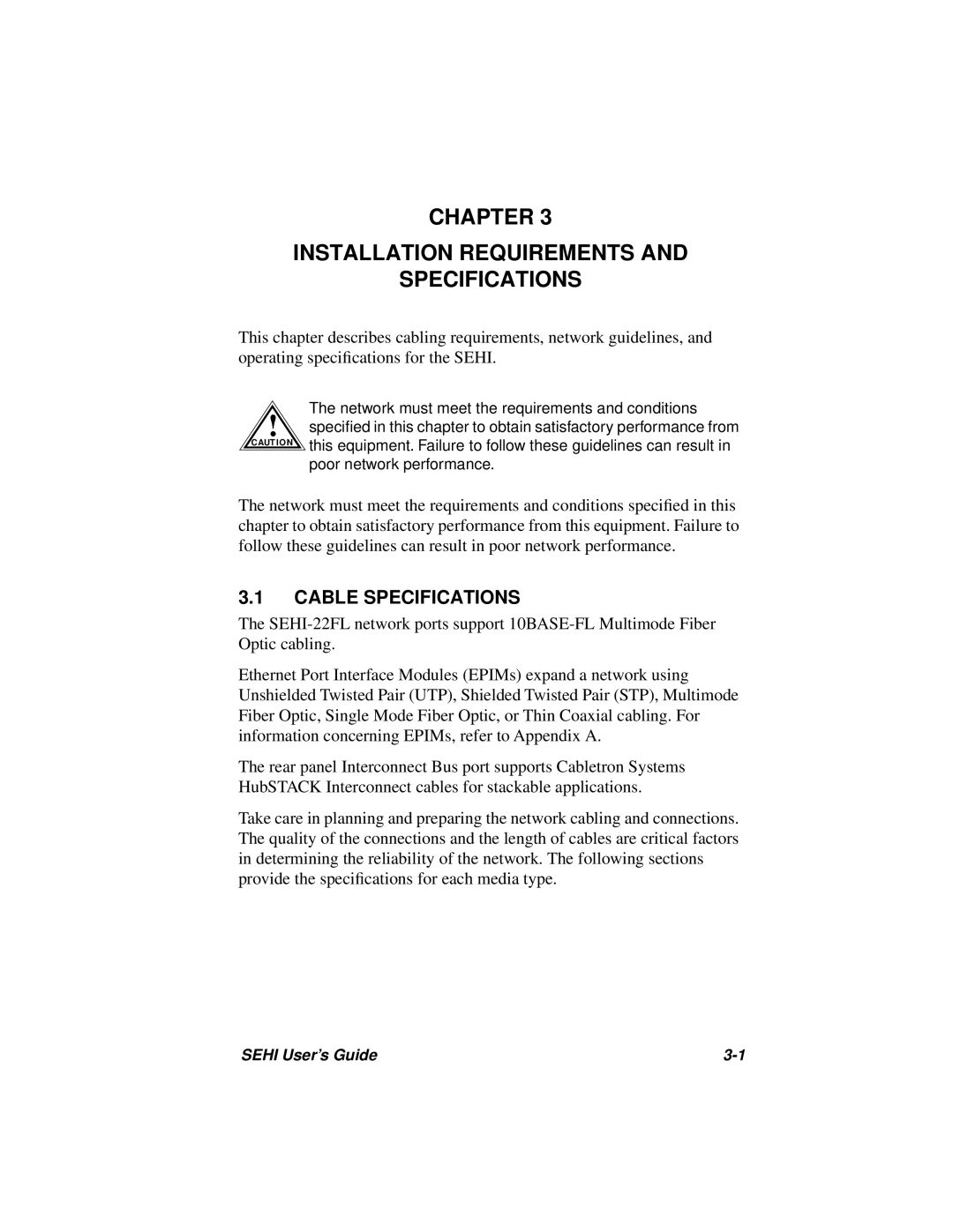 Cabletron Systems SEHI-22FL manual Chapter Installation Requirements Specifications, Cable Specifications 