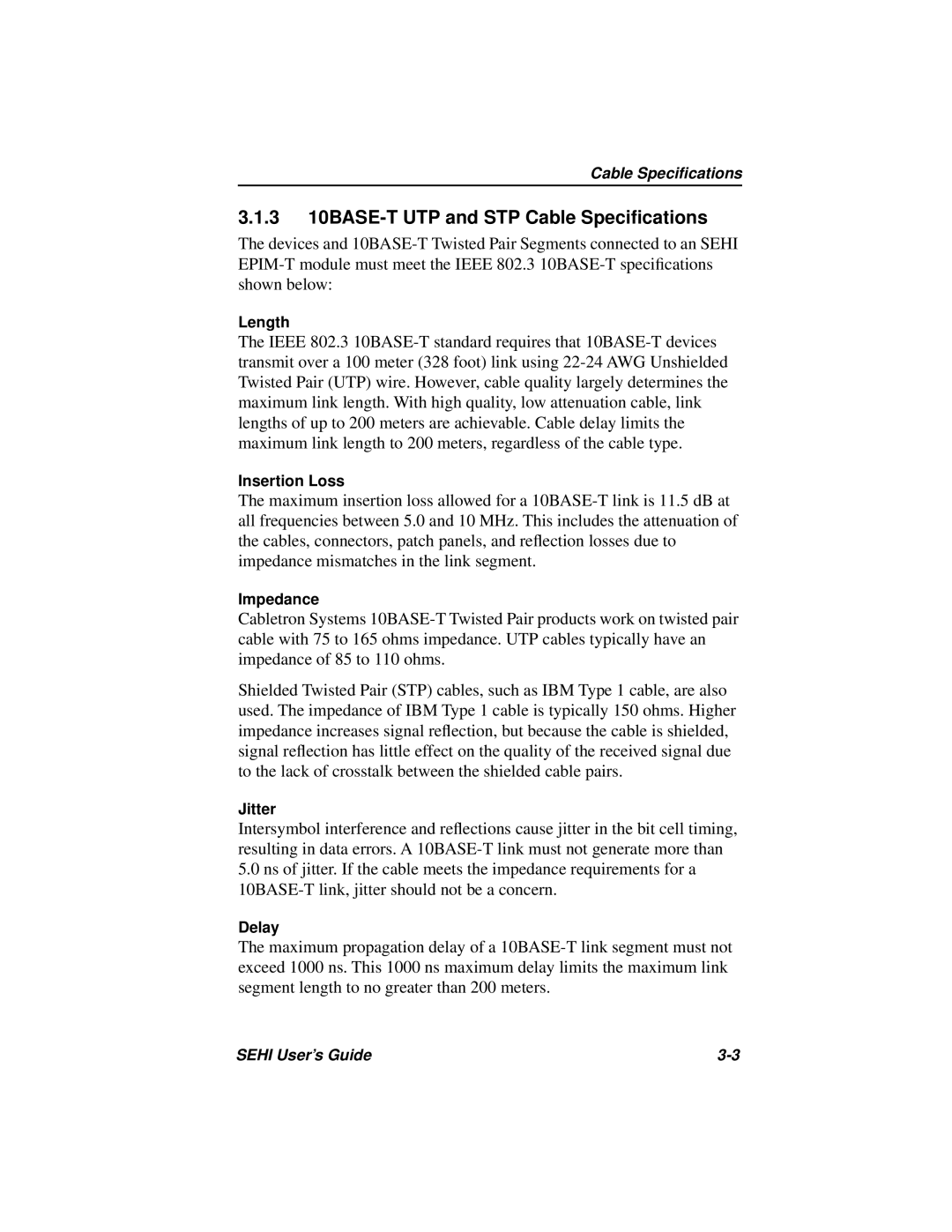 Cabletron Systems SEHI-22FL manual 3 10BASE-T UTP and STP Cable Speciﬁcations 