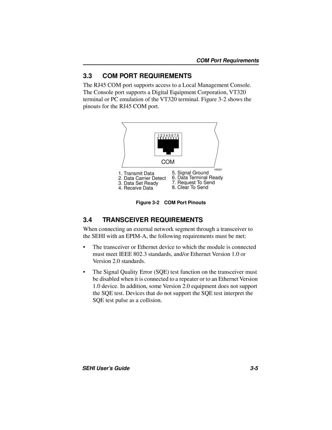 Cabletron Systems SEHI-22FL manual COM Port Requirements, Transceiver Requirements 