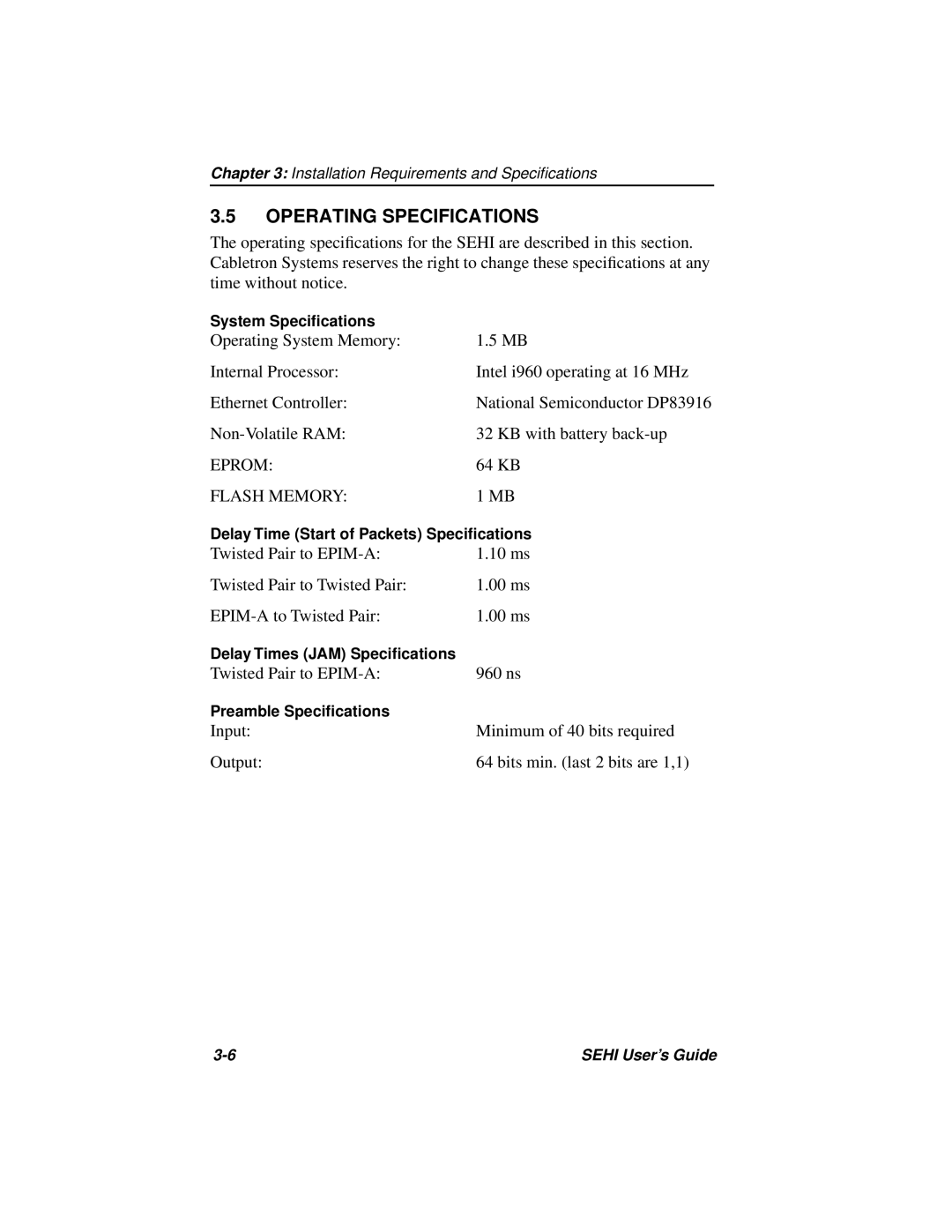 Cabletron Systems SEHI-22FL manual Operating Specifications, Flash Memory 