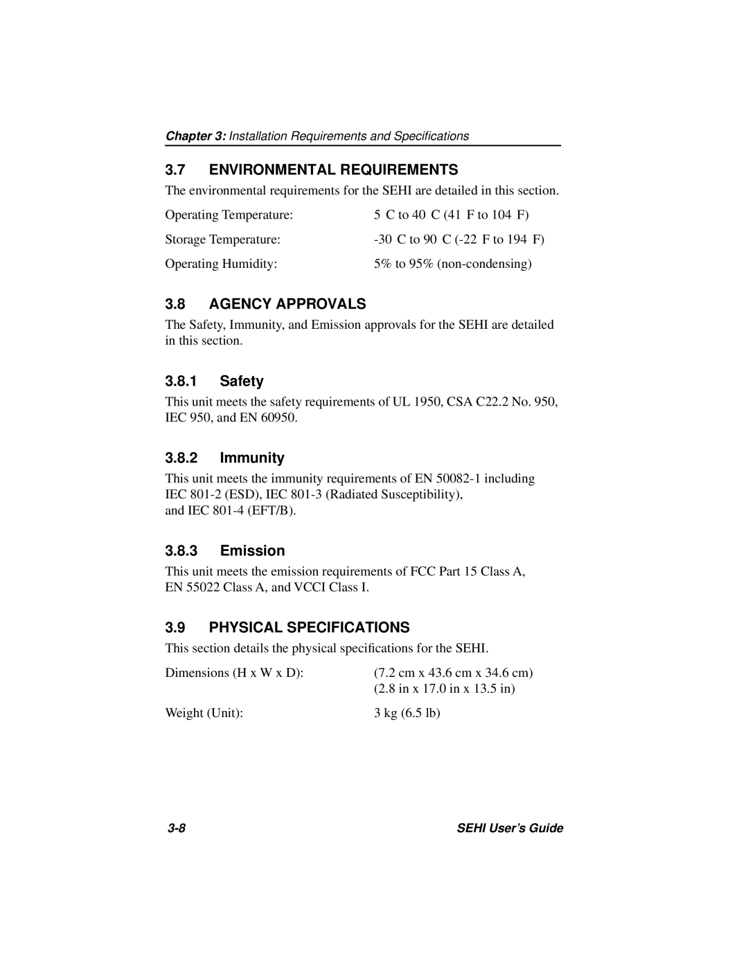 Cabletron Systems SEHI-22FL manual Environmental Requirements, Agency Approvals, Physical Specifications 