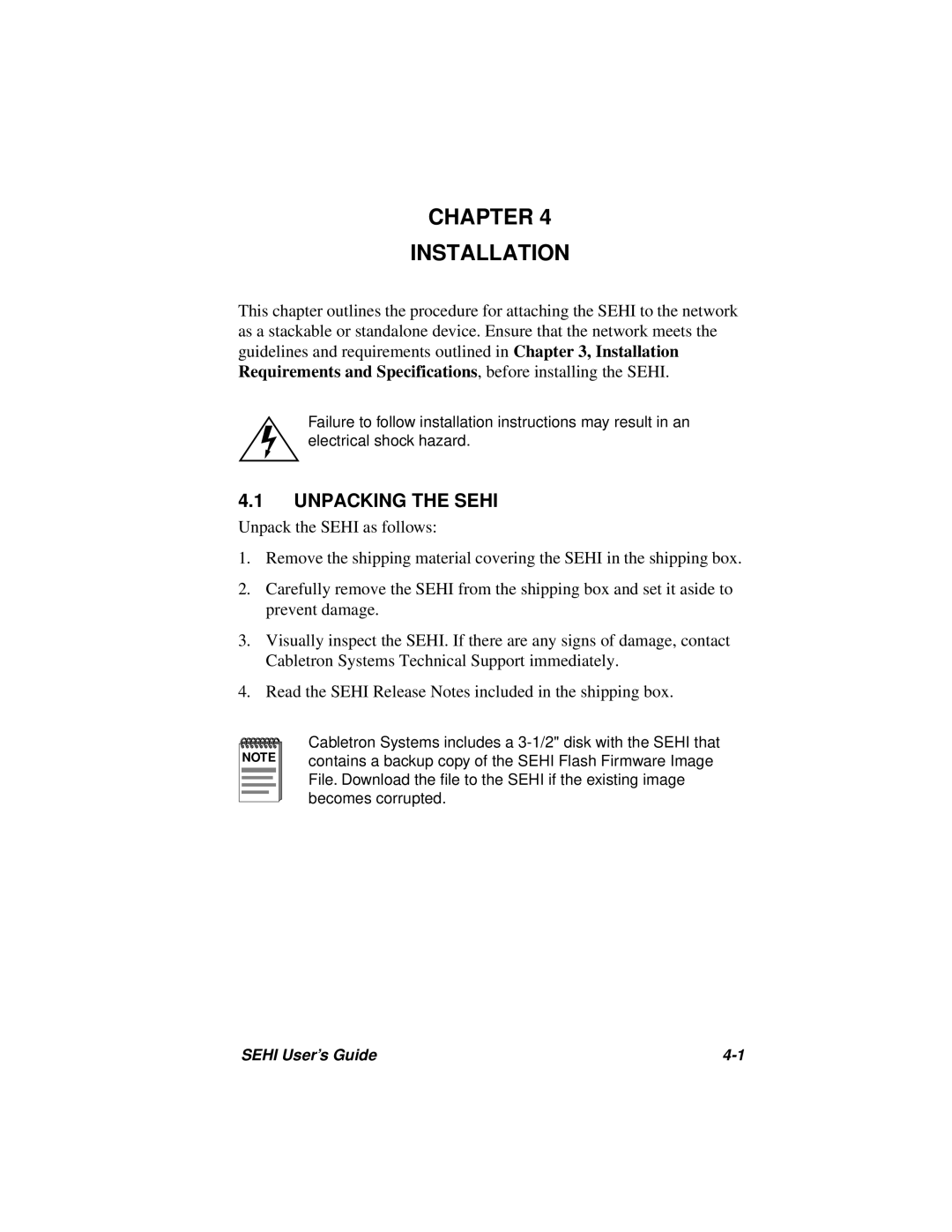 Cabletron Systems SEHI-22FL manual Chapter Installation, Unpacking the Sehi 