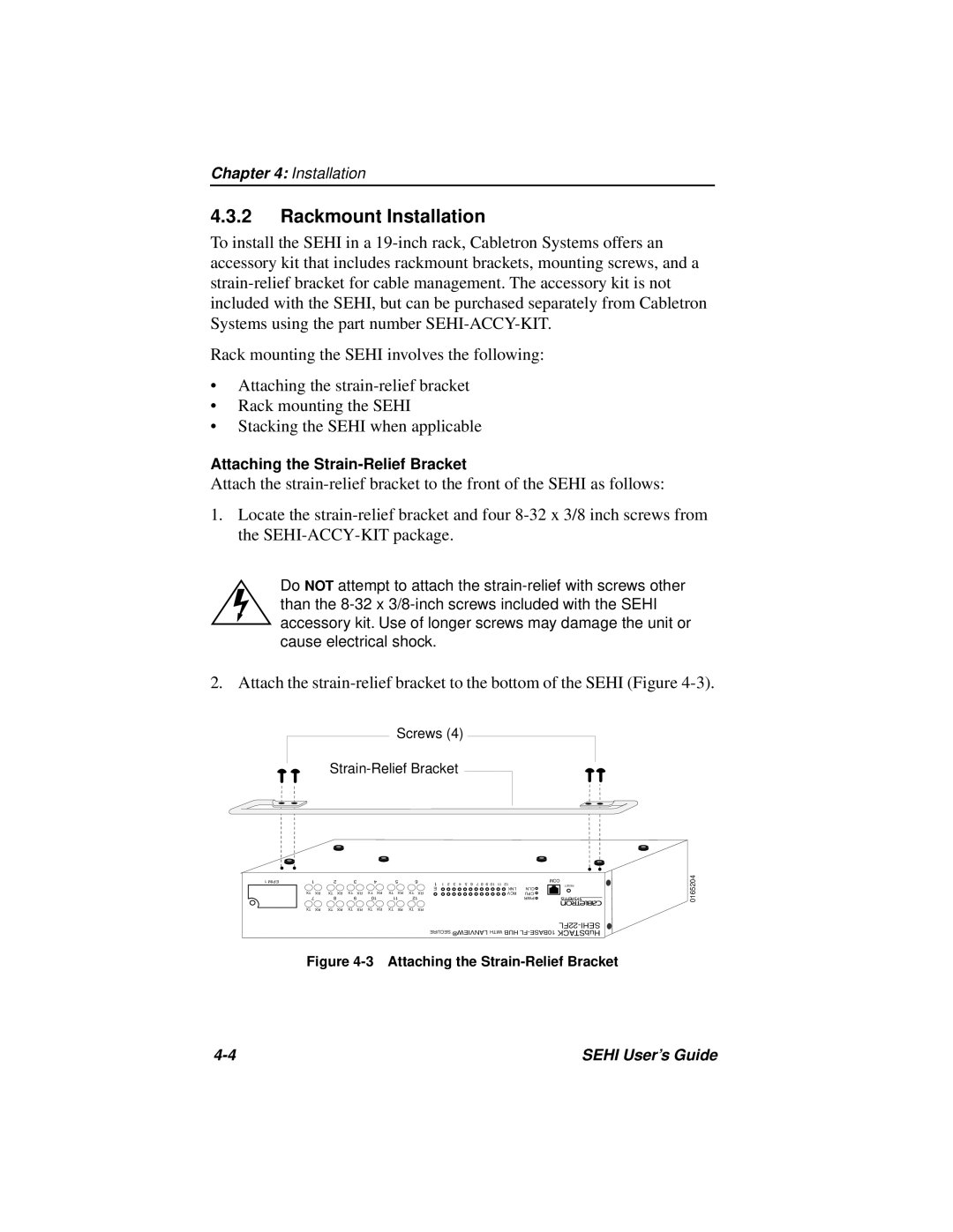 Cabletron Systems SEHI-22FL manual Rackmount Installation, Attaching the Strain-Relief Bracket 