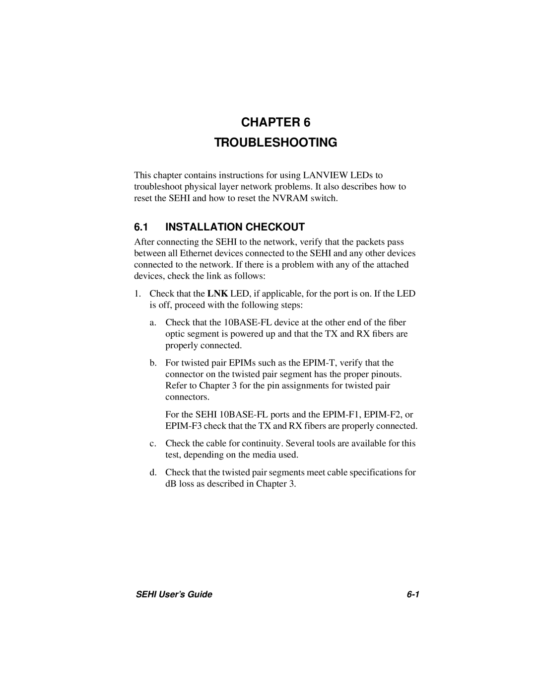 Cabletron Systems SEHI-22FL manual Chapter Troubleshooting, Installation Checkout 