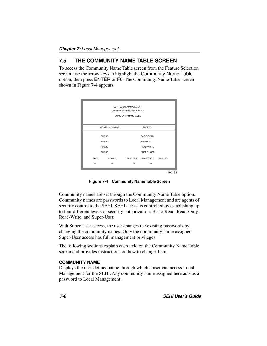 Cabletron Systems SEHI-22FL manual Community Name Table Screen 