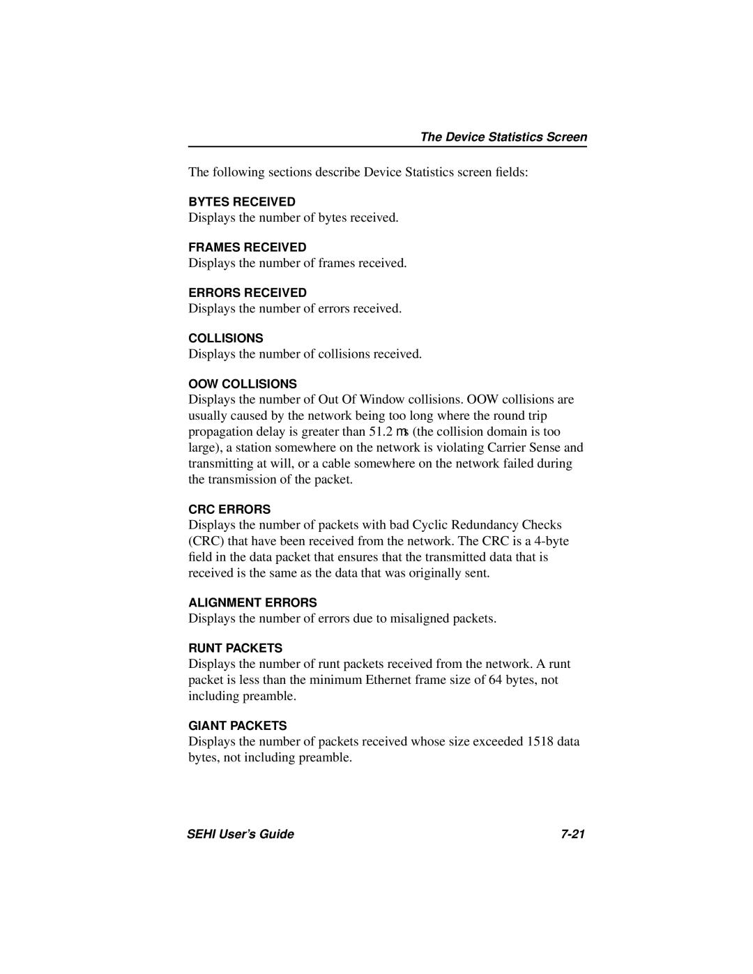 Cabletron Systems SEHI-22FL manual Following sections describe Device Statistics screen ﬁelds 