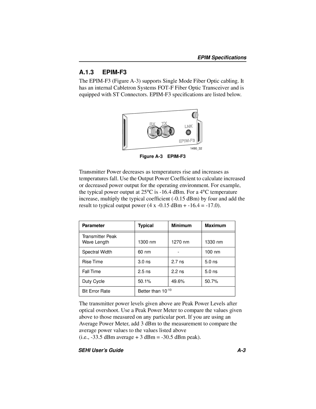 Cabletron Systems SEHI-22FL manual EPIM-F3, Parameter Typical Minimum Maximum 