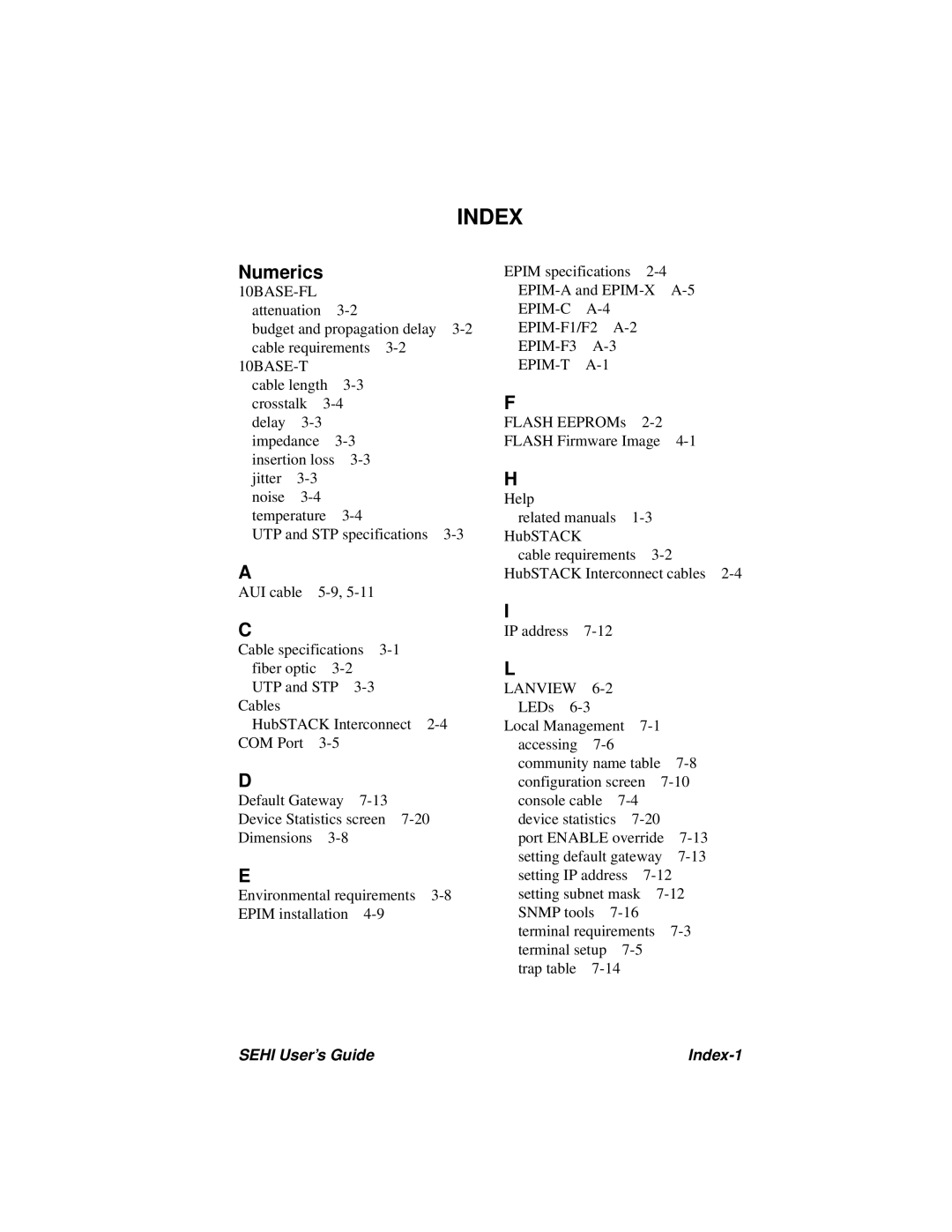 Cabletron Systems SEHI-22FL manual Index, Numerics 