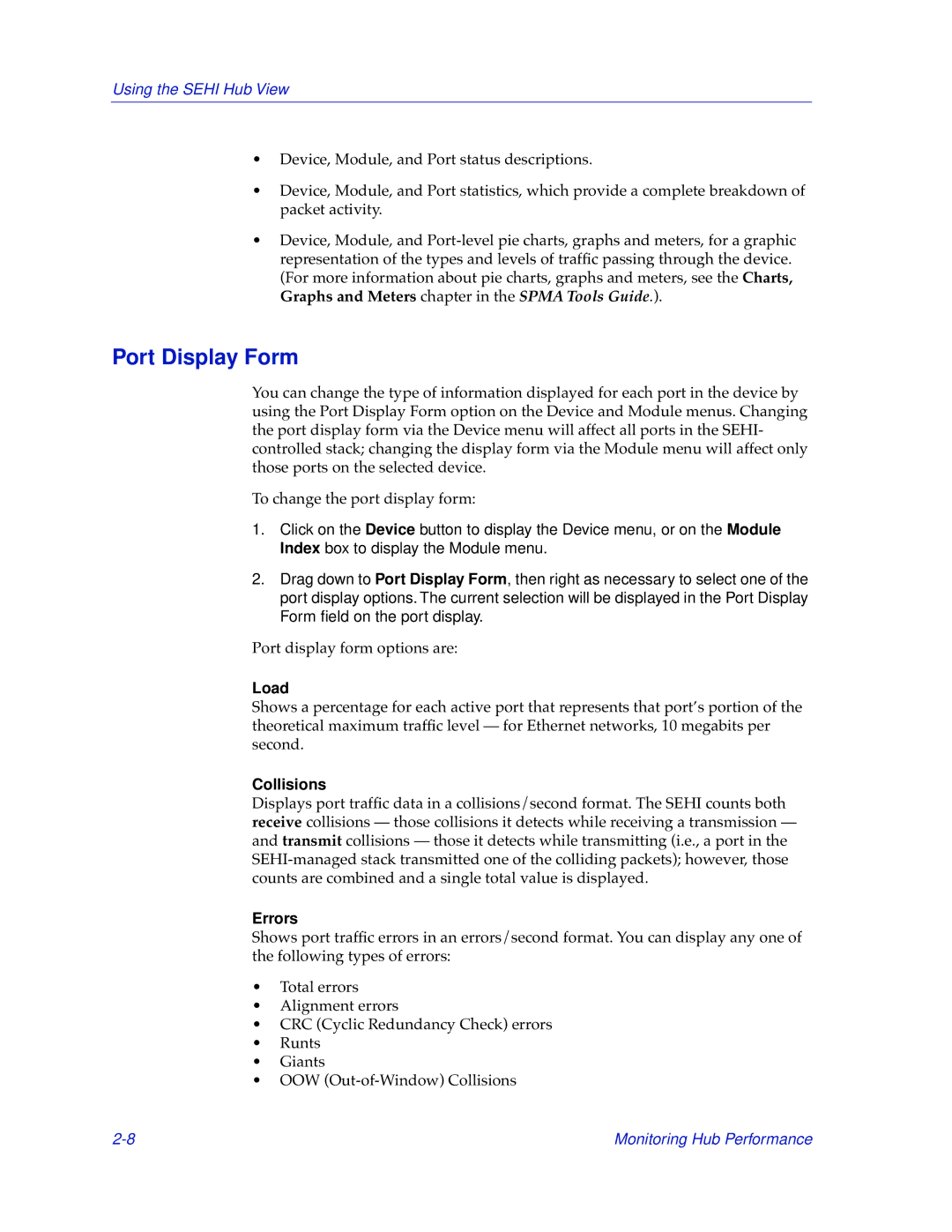 Cabletron Systems SEHI-32/34, SEHI-22/24 manual Port Display Form, Load, Collisions, Errors 