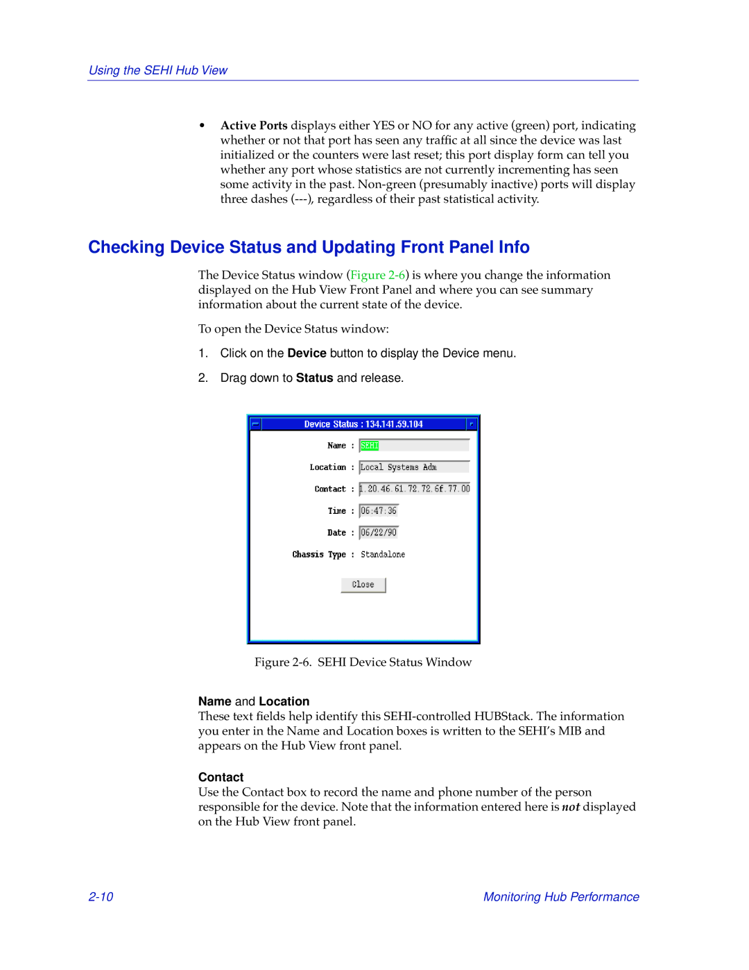 Cabletron Systems SEHI-32/34, SEHI-22/24 Checking Device Status and Updating Front Panel Info, Name and Location, Contact 