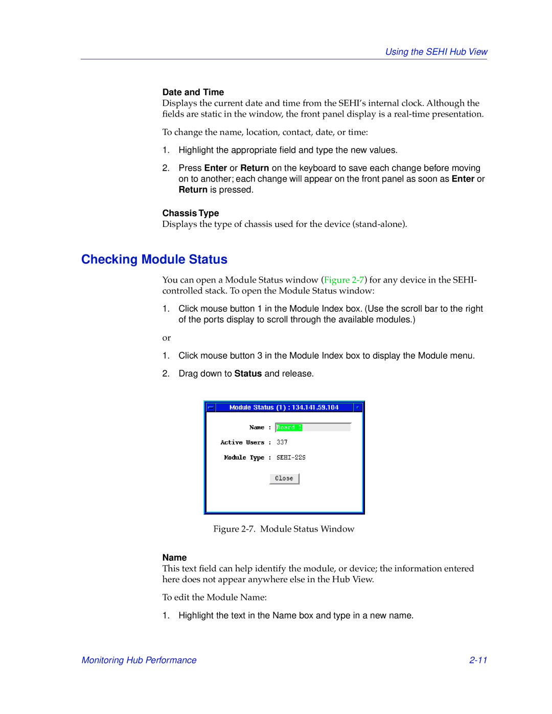 Cabletron Systems SEHI-22/24, SEHI-32/34 manual Checking Module Status, Chassis Type, Name 