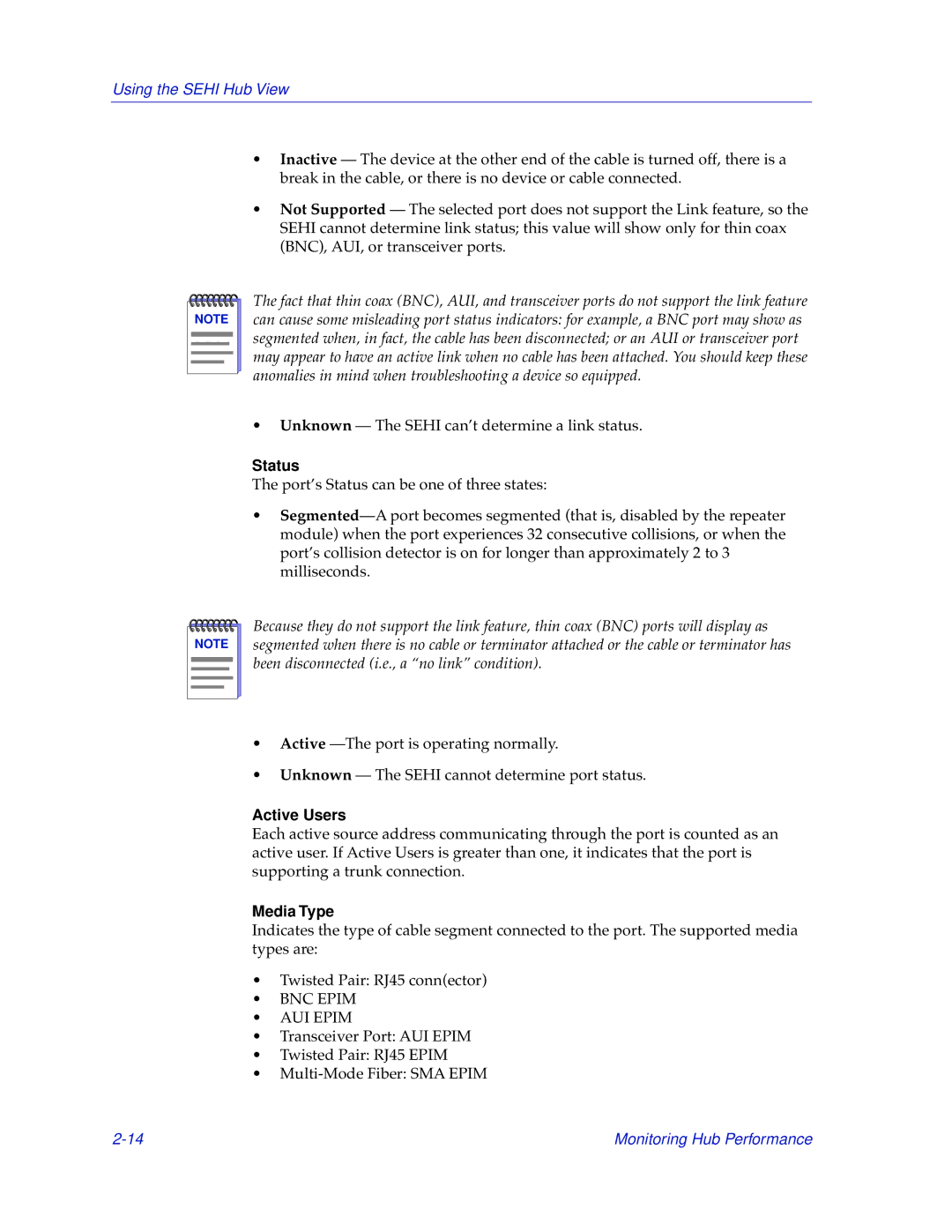 Cabletron Systems SEHI-32/34, SEHI-22/24 manual Status, Media Type 