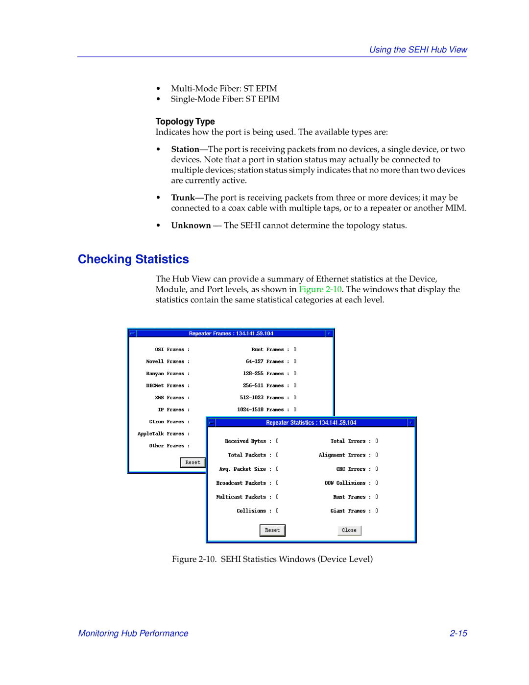 Cabletron Systems SEHI-22/24, SEHI-32/34 manual Checking Statistics, Topology Type 