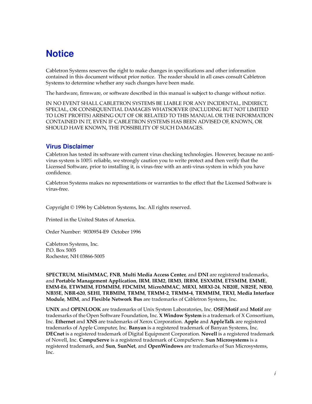 Cabletron Systems SEHI-22/24, SEHI-32/34 manual Virus Disclaimer 