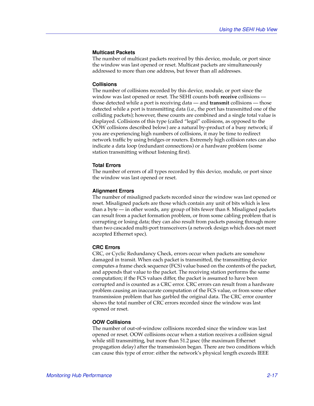Cabletron Systems SEHI-22/24, SEHI-32/34 Multicast Packets, Total Errors, Alignment Errors, CRC Errors, OOW Collisions 