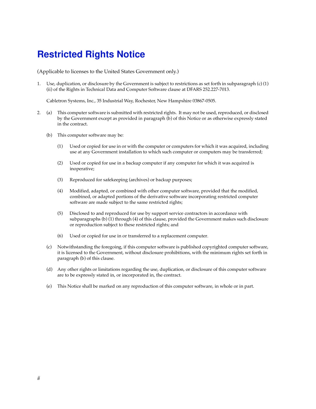 Cabletron Systems SEHI-32/34 manual Restricted Rights Notice, Applicable to licenses to the United States Government only 