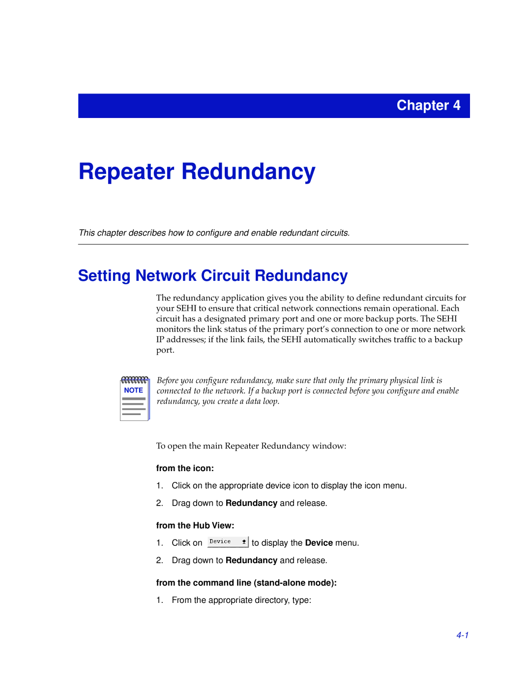 Cabletron Systems SEHI-22/24, SEHI-32/34 manual Repeater Redundancy, Setting Network Circuit Redundancy 