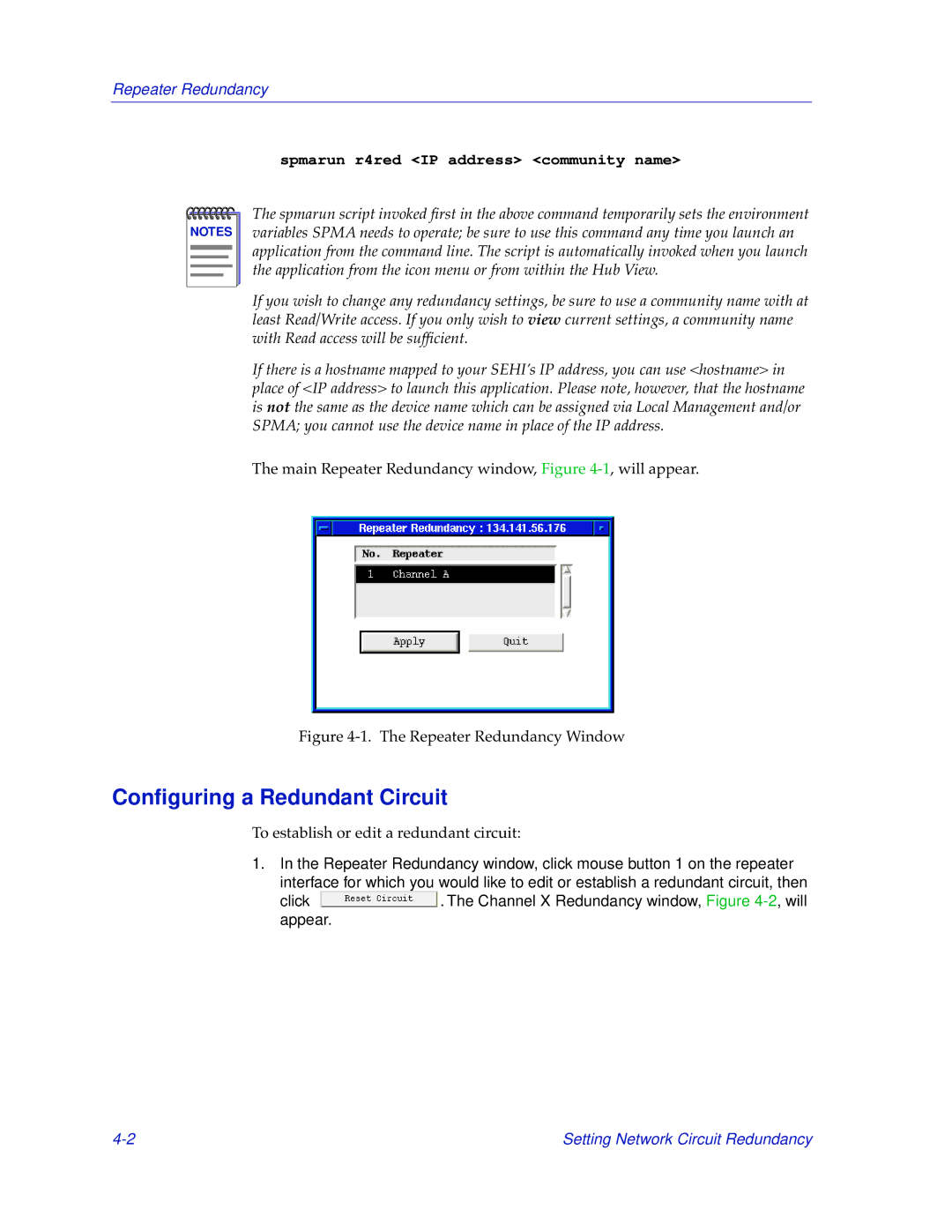 Cabletron Systems SEHI-32/34, SEHI-22/24 manual Conﬁguring a Redundant Circuit, Spmarun r4red IP address community name 