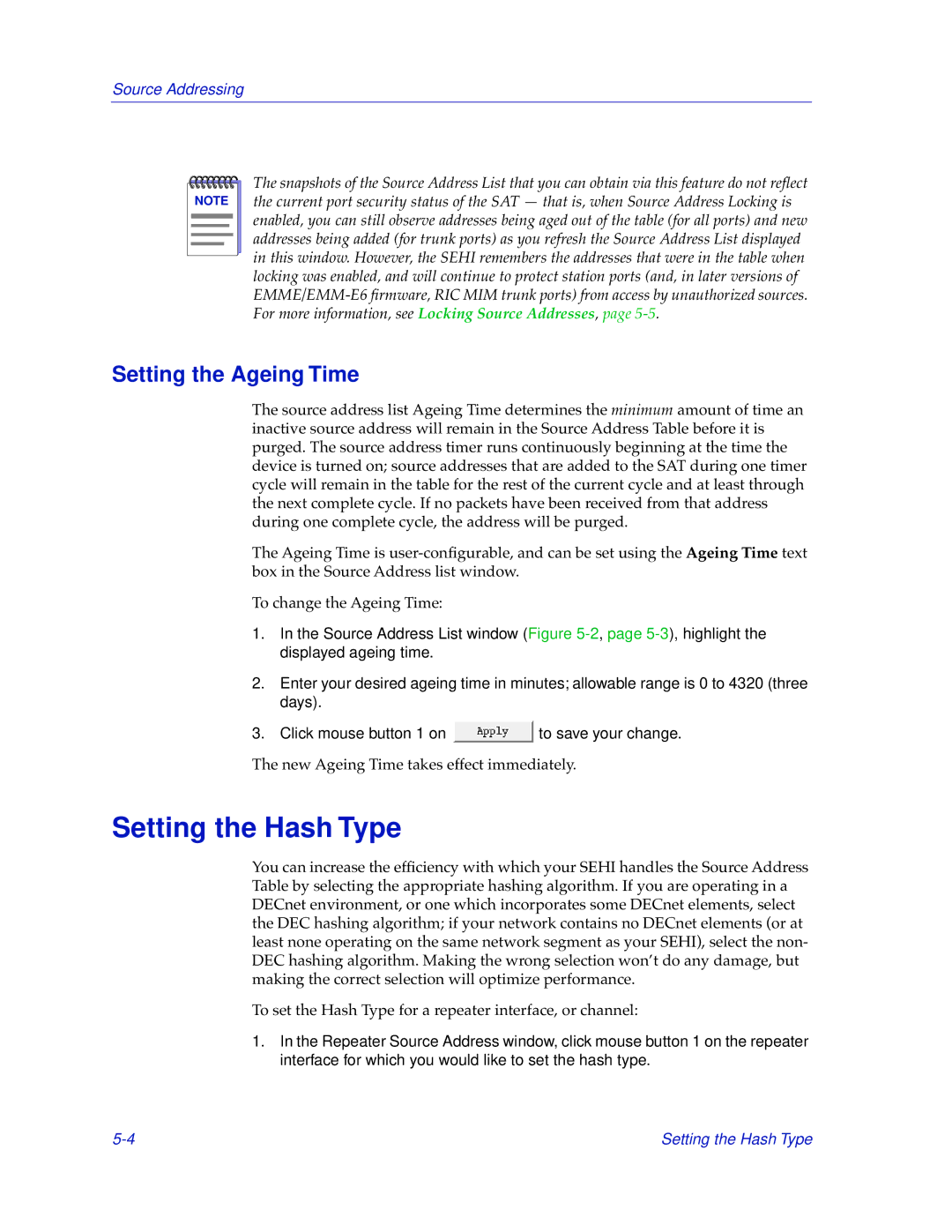 Cabletron Systems SEHI-32/34, SEHI-22/24 manual Setting the Hash Type, Setting the Ageing Time 