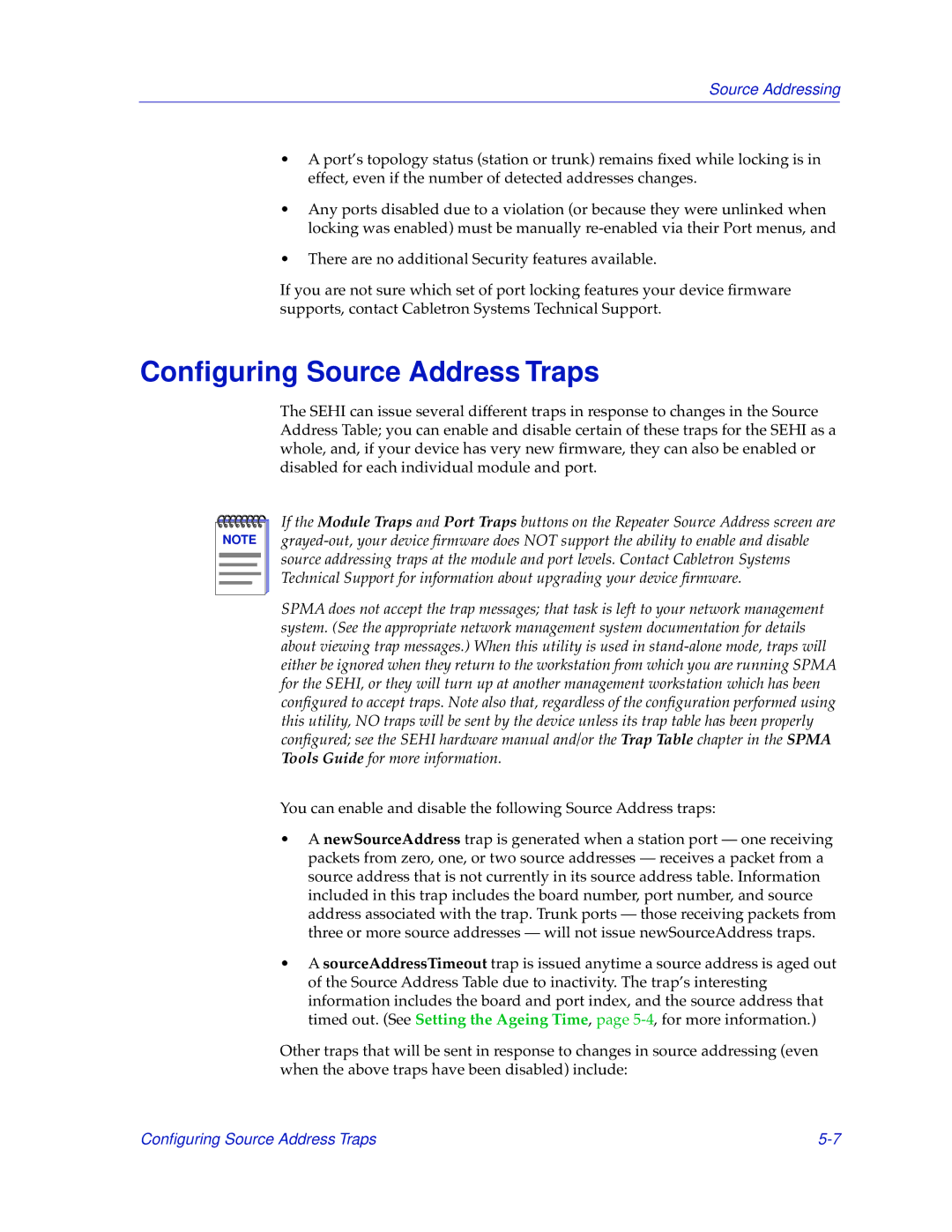 Cabletron Systems SEHI-22/24, SEHI-32/34 manual Conﬁguring Source Address Traps 