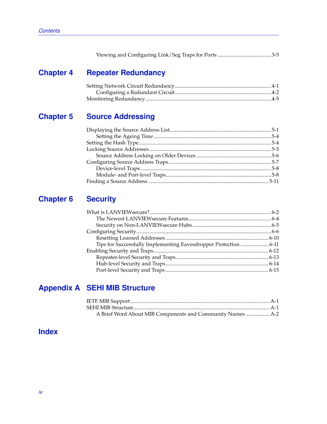 Cabletron Systems SEHI-32/34, SEHI-22/24 Chapter Repeater Redundancy, Chapter Source Addressing, Chapter Security, Index 