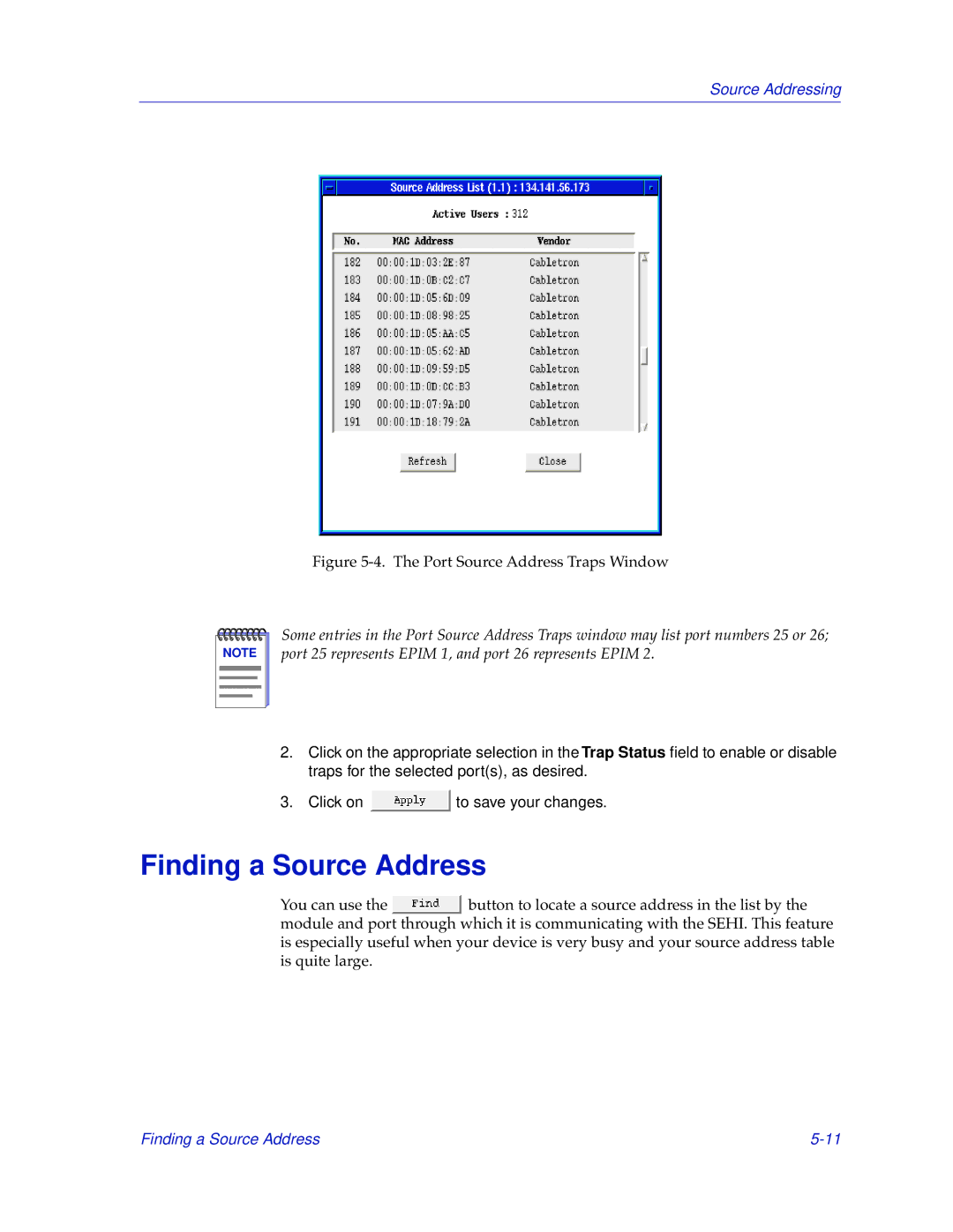 Cabletron Systems SEHI-22/24, SEHI-32/34 manual Finding a Source Address, Port Source Address Traps Window 