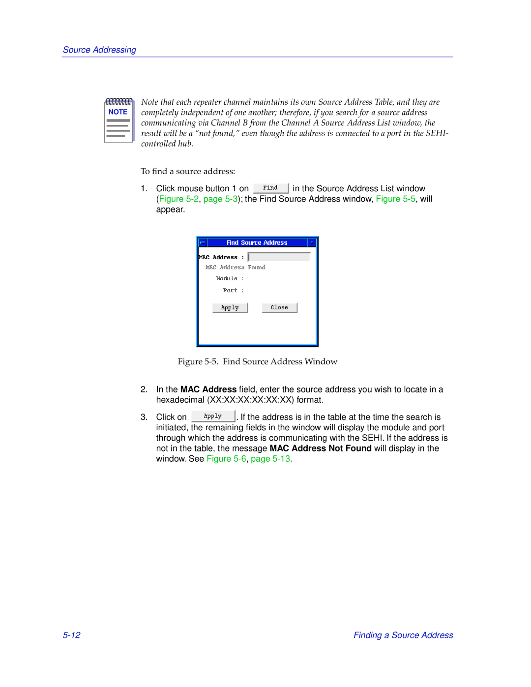 Cabletron Systems SEHI-32/34, SEHI-22/24 manual Find Source Address Window 