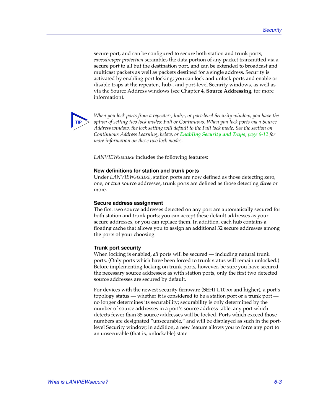 Cabletron Systems SEHI-22/24 New deﬁnitions for station and trunk ports, Secure address assignment, Trunk port security 