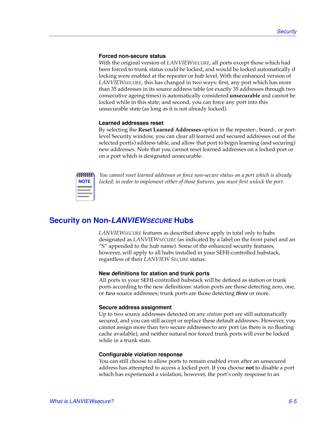 Cabletron Systems SEHI-22/24 manual Security on Non-LANVIEWSECUREHubs, Forced non-secure status, Learned addresses reset 