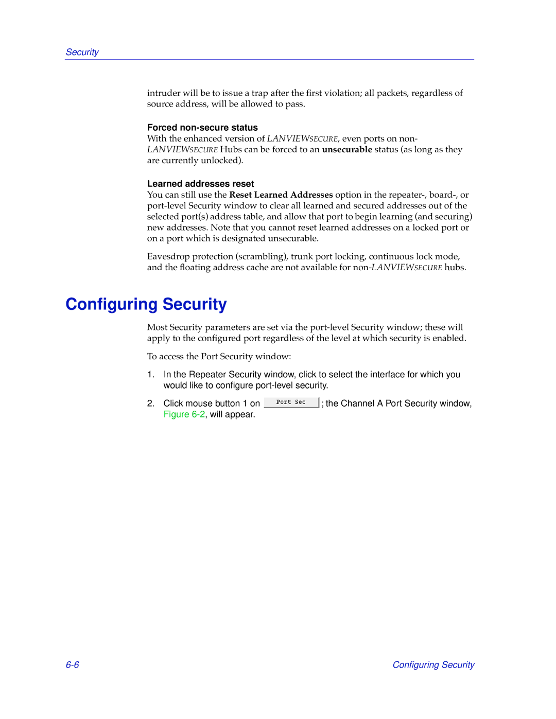 Cabletron Systems SEHI-32/34, SEHI-22/24 manual Conﬁguring Security 