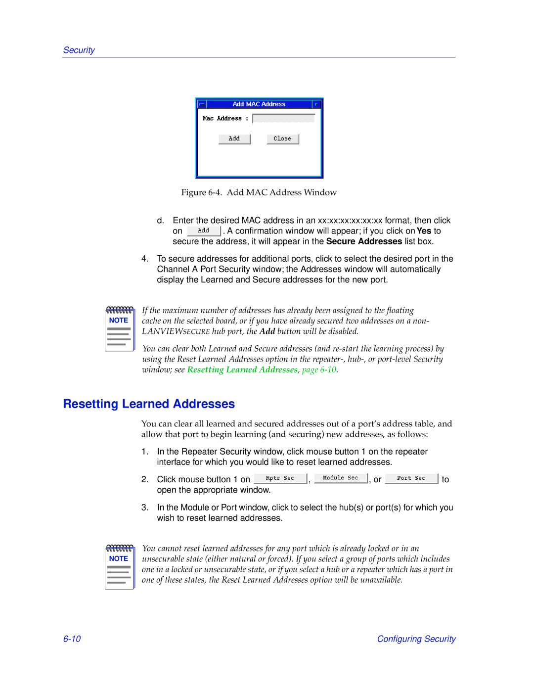 Cabletron Systems SEHI-32/34, SEHI-22/24 manual Resetting Learned Addresses, Add MAC Address Window 