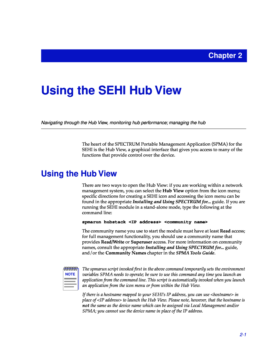 Cabletron Systems SEHI-22/24 manual Using the SEHI Hub View, Using the Hub View, spmarun hubstack IP address community name 