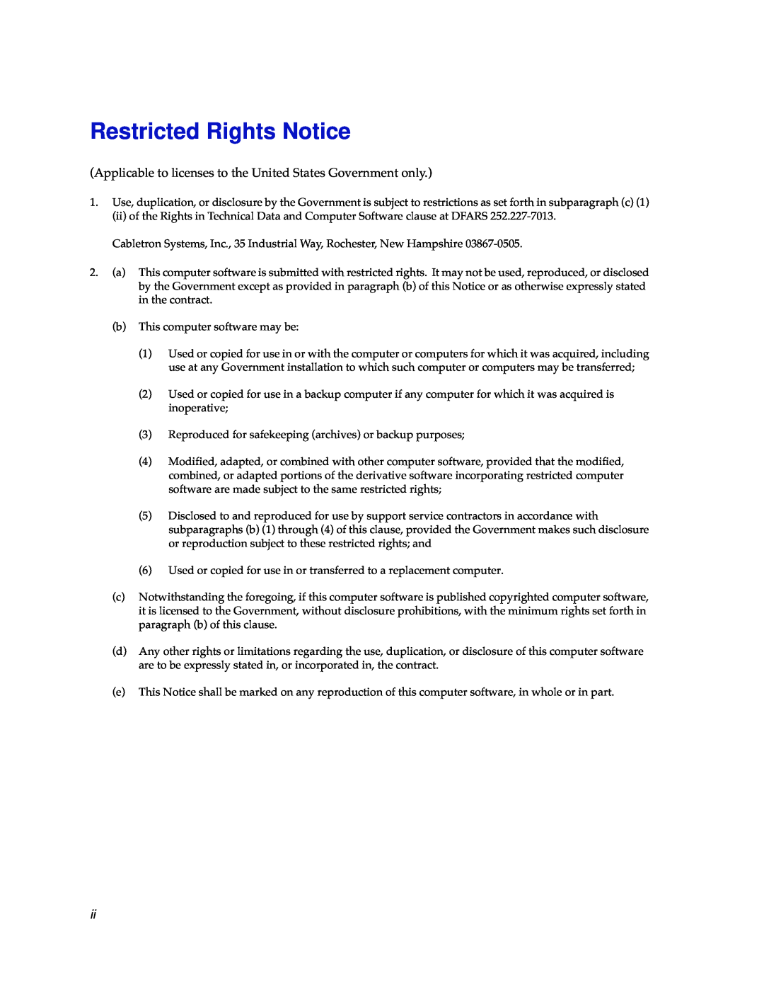 Cabletron Systems SEHI-32/34 manual Restricted Rights Notice, Applicable to licenses to the United States Government only 