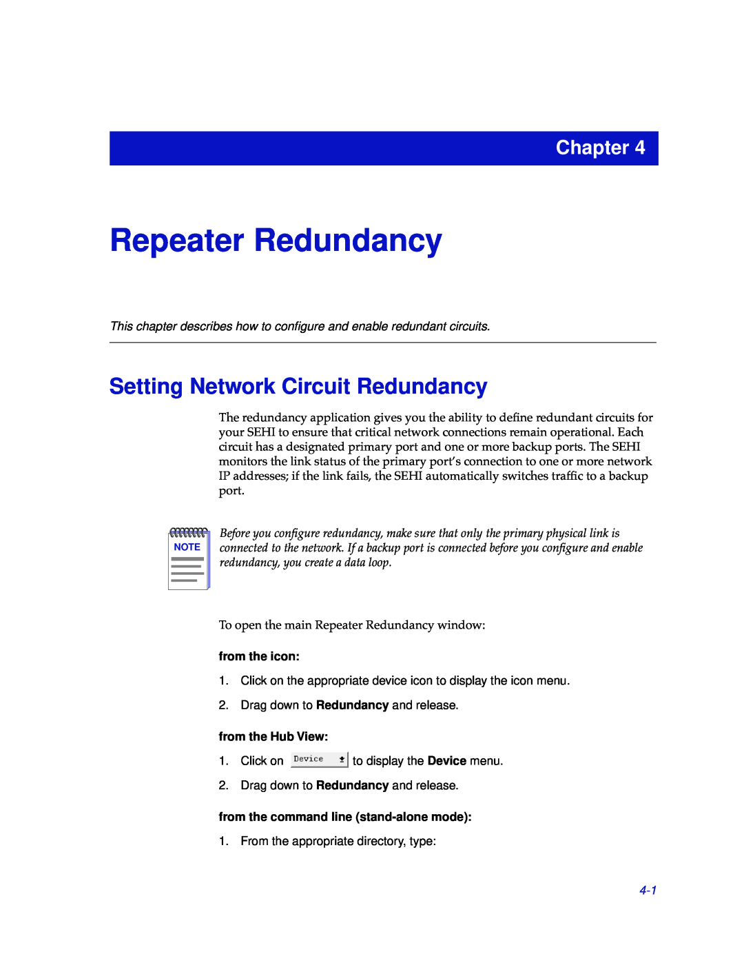 Cabletron Systems SEHI-22/24, SEHI-32/34 Repeater Redundancy, Setting Network Circuit Redundancy, Chapter, from the icon 