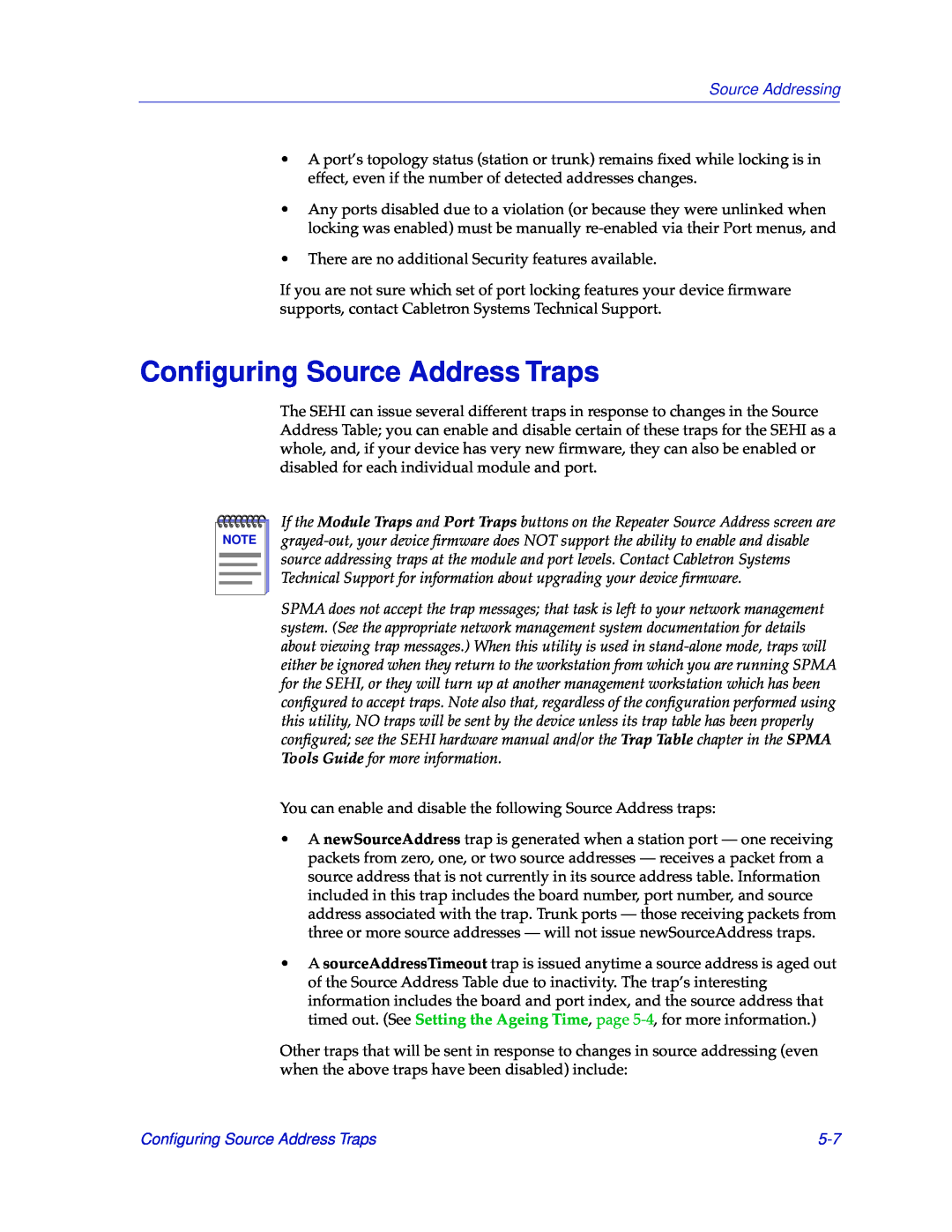 Cabletron Systems SEHI-22/24, SEHI-32/34 manual Conﬁguring Source Address Traps, Source Addressing 